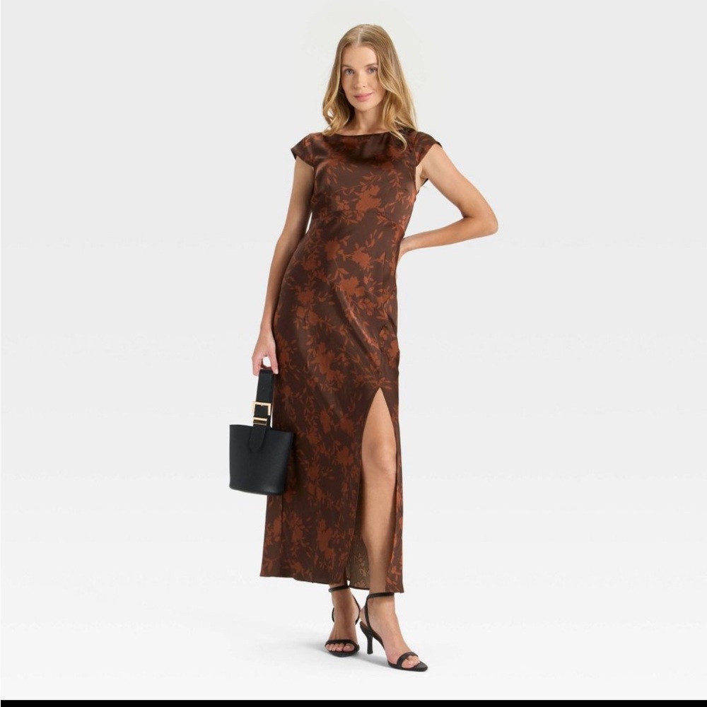 Women's Open Back Maxi Dress - A New Day Brown Floral L NWT